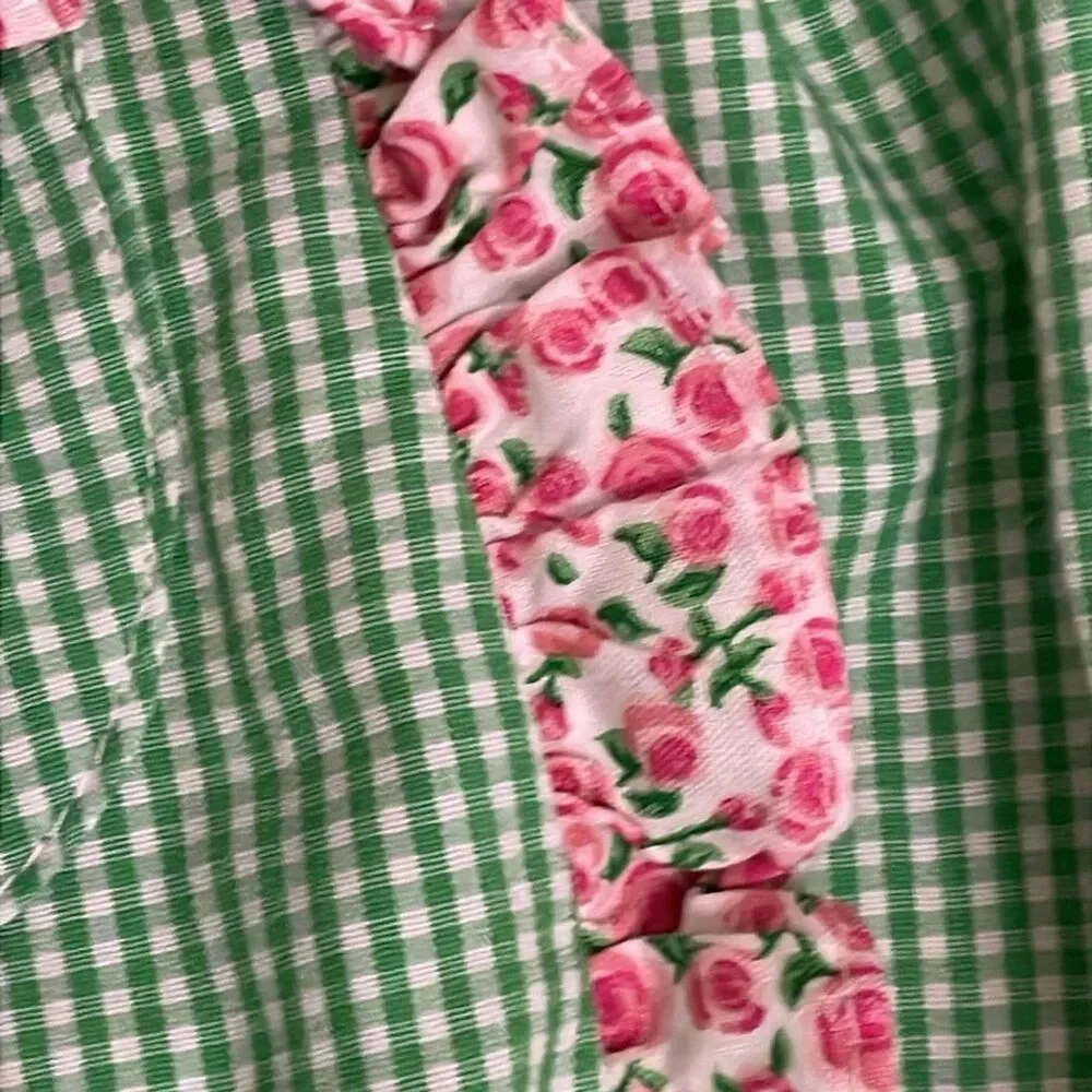 Baby Sen by Remember Nguyen Green Gingham Romper Size 18M Floral Ruffles